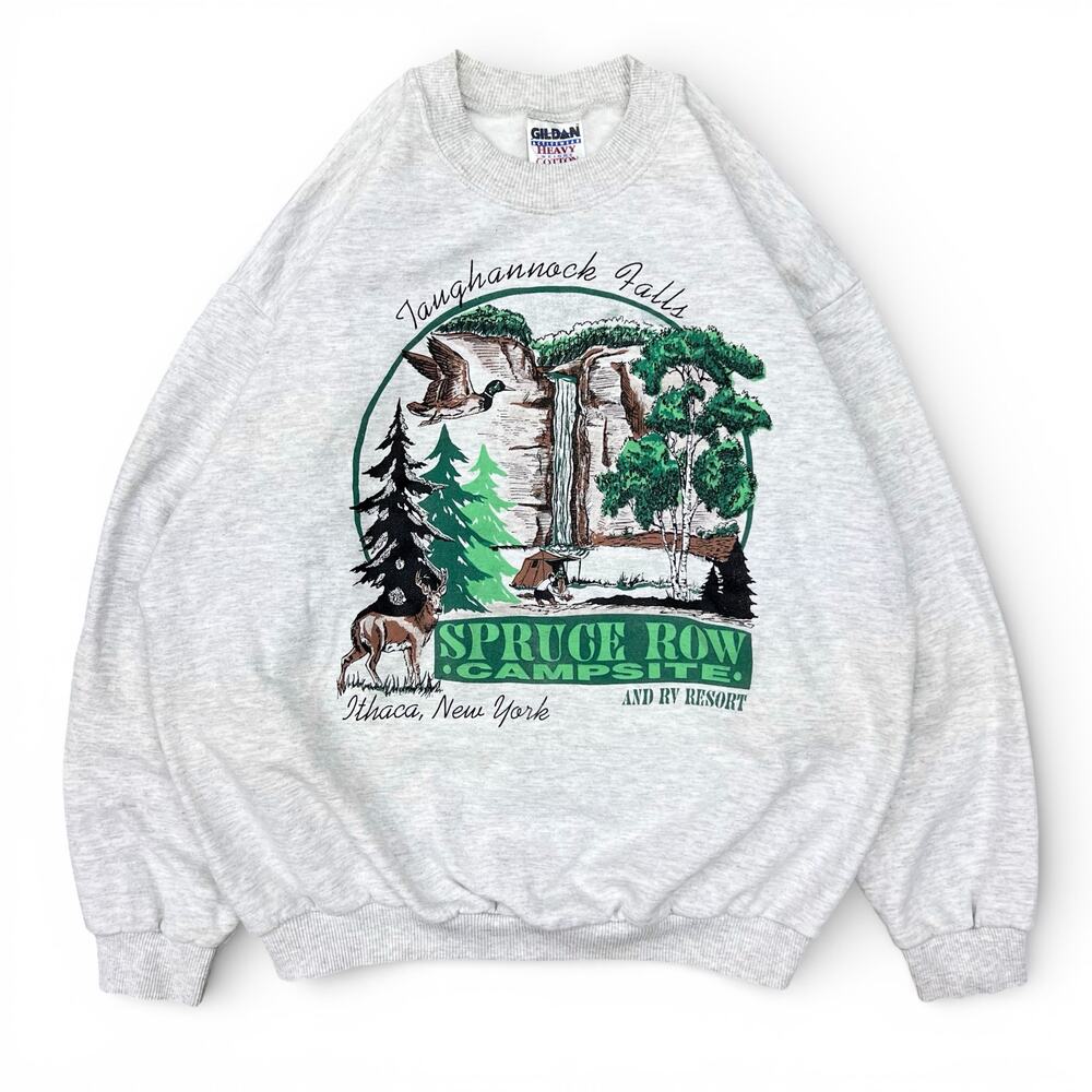 Vintage Taughannock Falls Spruce Row Campsite Nature Crewneck Sweatshirt Grey L